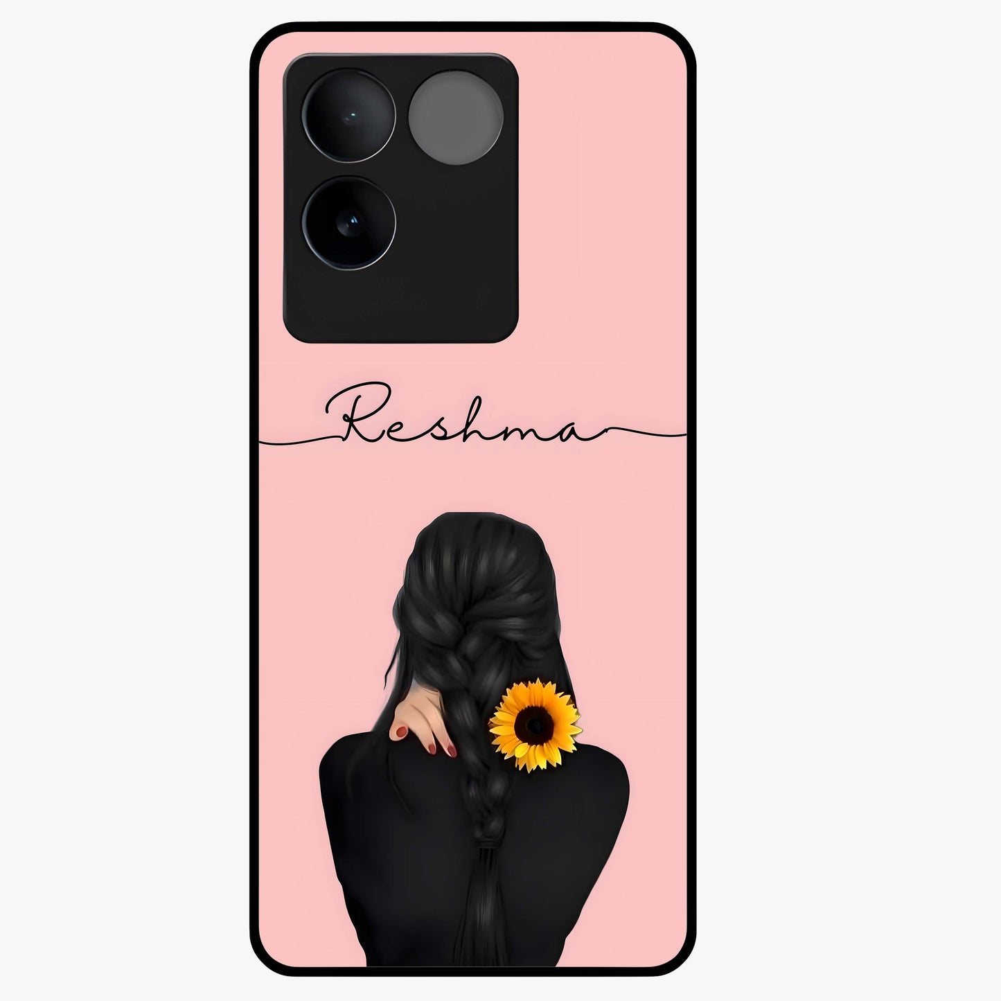 Sunflower Braid Beauty With Custom Name Glass Case showing flat back view with sunflower braid artwork and personalized name design.