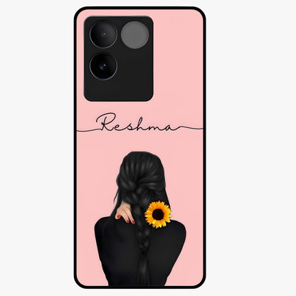 Sunflower Braid Beauty With Custom Name Glass Case showing flat back view with sunflower braid artwork and personalized name design.