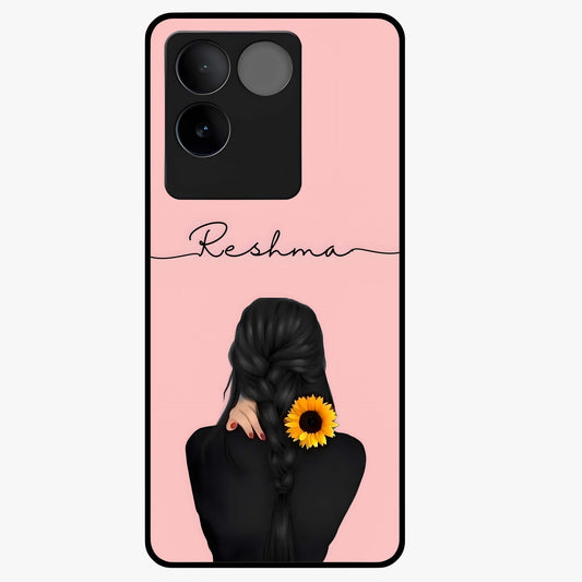 Sunflower Braid Beauty With Custom Name Glass Case showing flat back view with sunflower braid artwork and personalized name design.