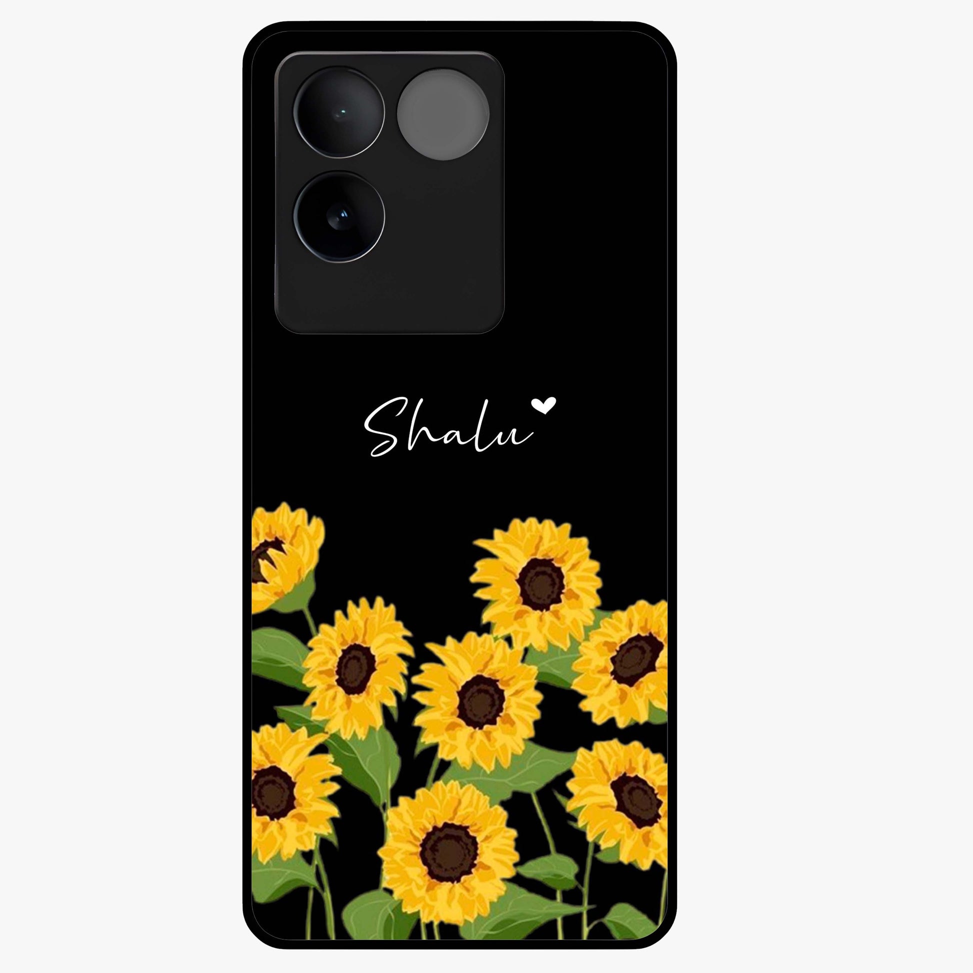 Sunflower Chic Mood Custom Name Glass Case showing flat back view with stylish sunflower artwork and personalized name design.