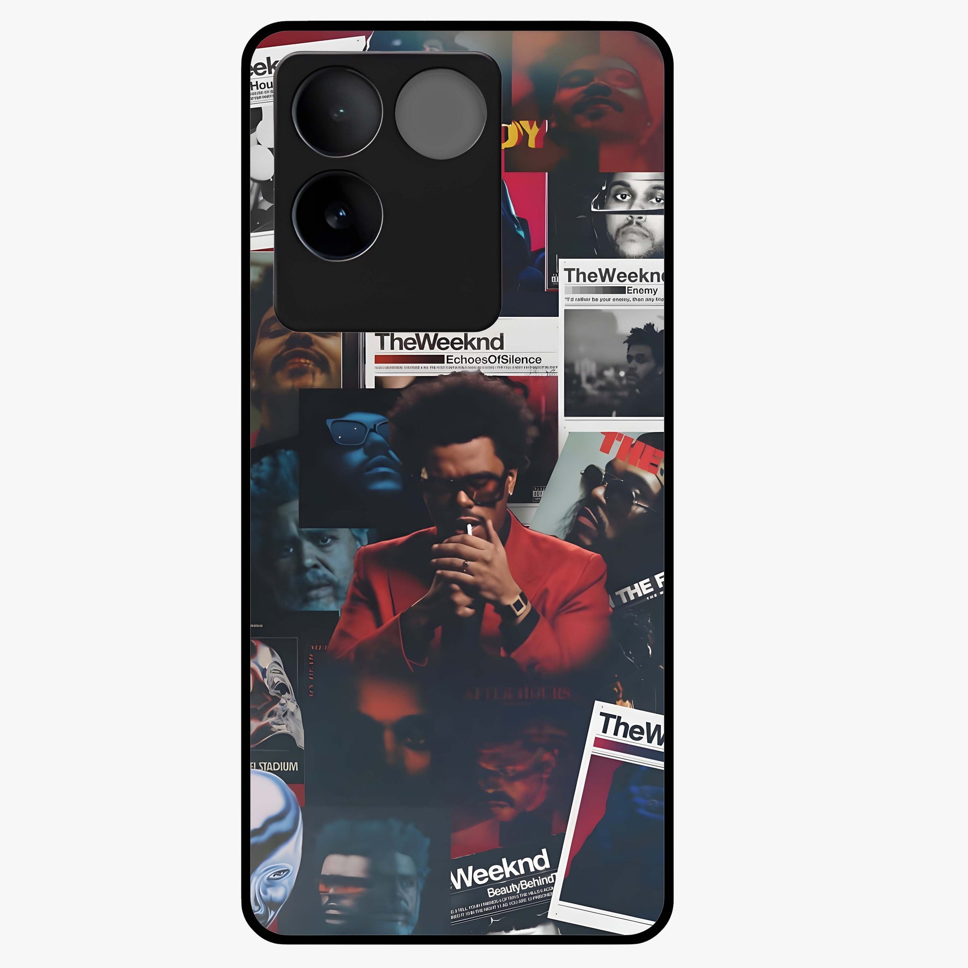 The Weeknd Glass Case showing flat back view with music inspired artistic portrait artwork and glossy glass finish.