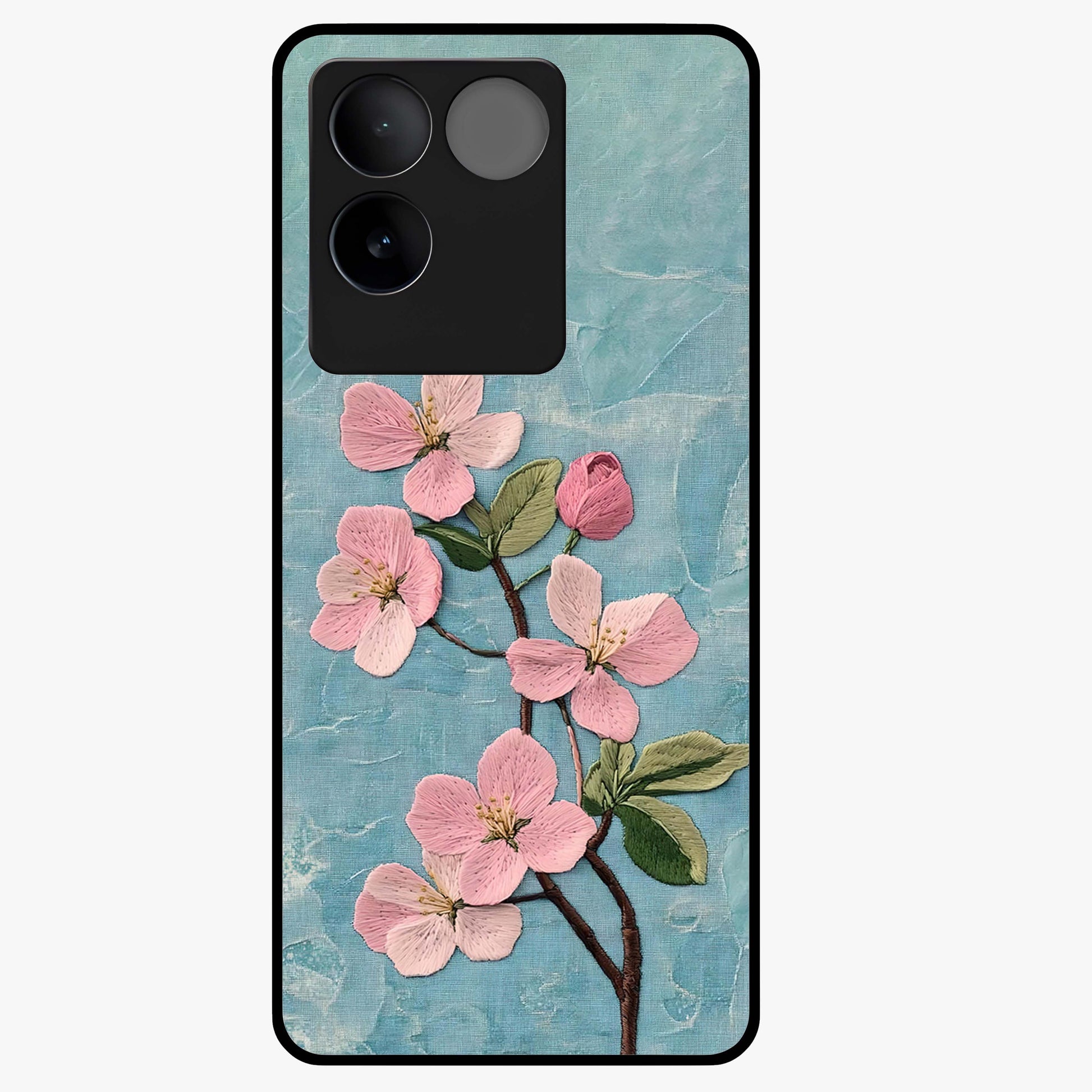 Threaded Blossom Breeze Glass Case showing flat back view with delicate blossom artwork and glossy glass finish.
