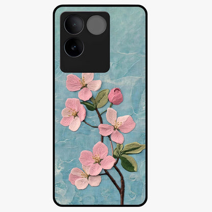 Threaded Blossom Breeze Glass Case showing flat back view with delicate blossom artwork and glossy glass finish.