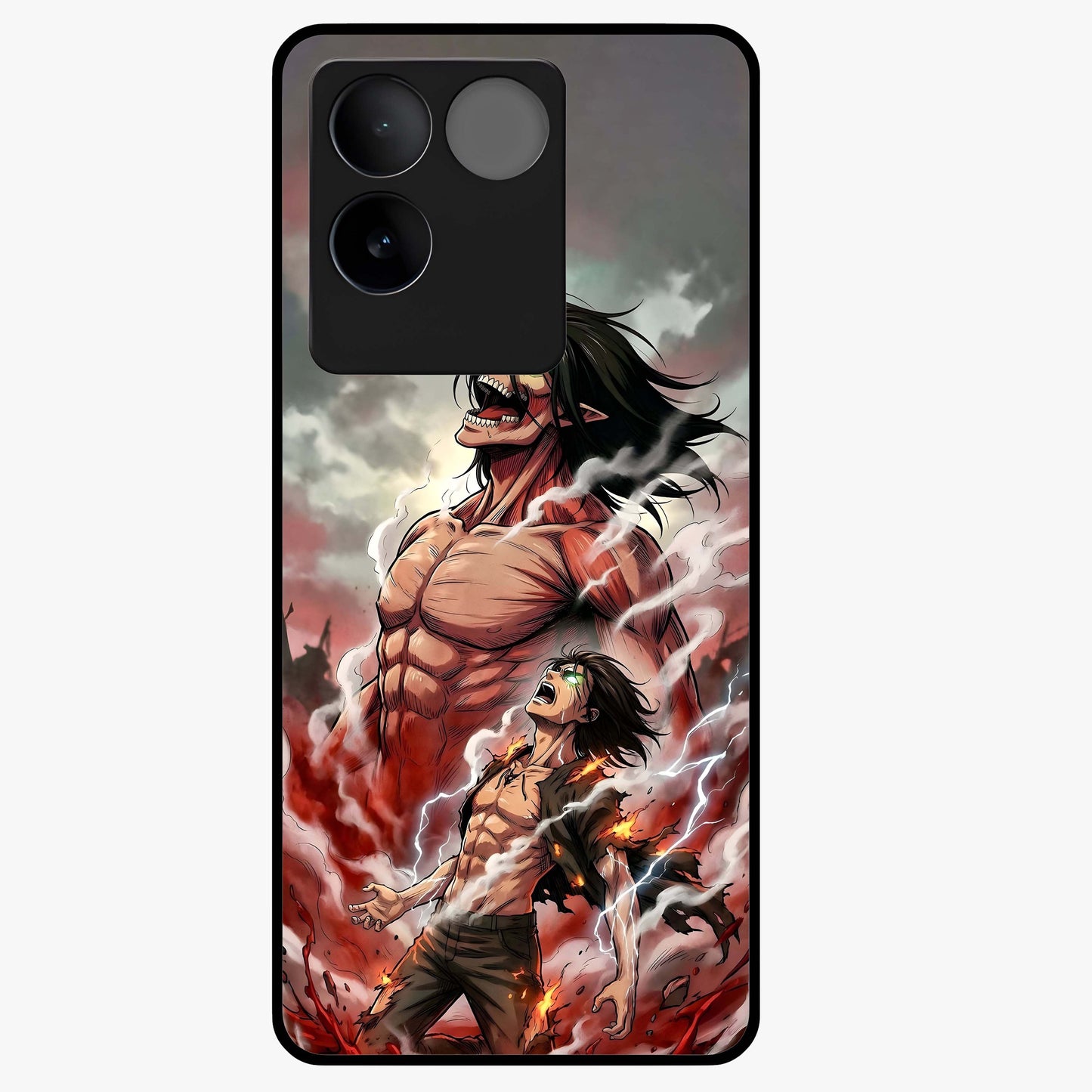 Titan Awakening Fury Glass Case showing flat back view with powerful titan inspired artwork and glossy glass finish.