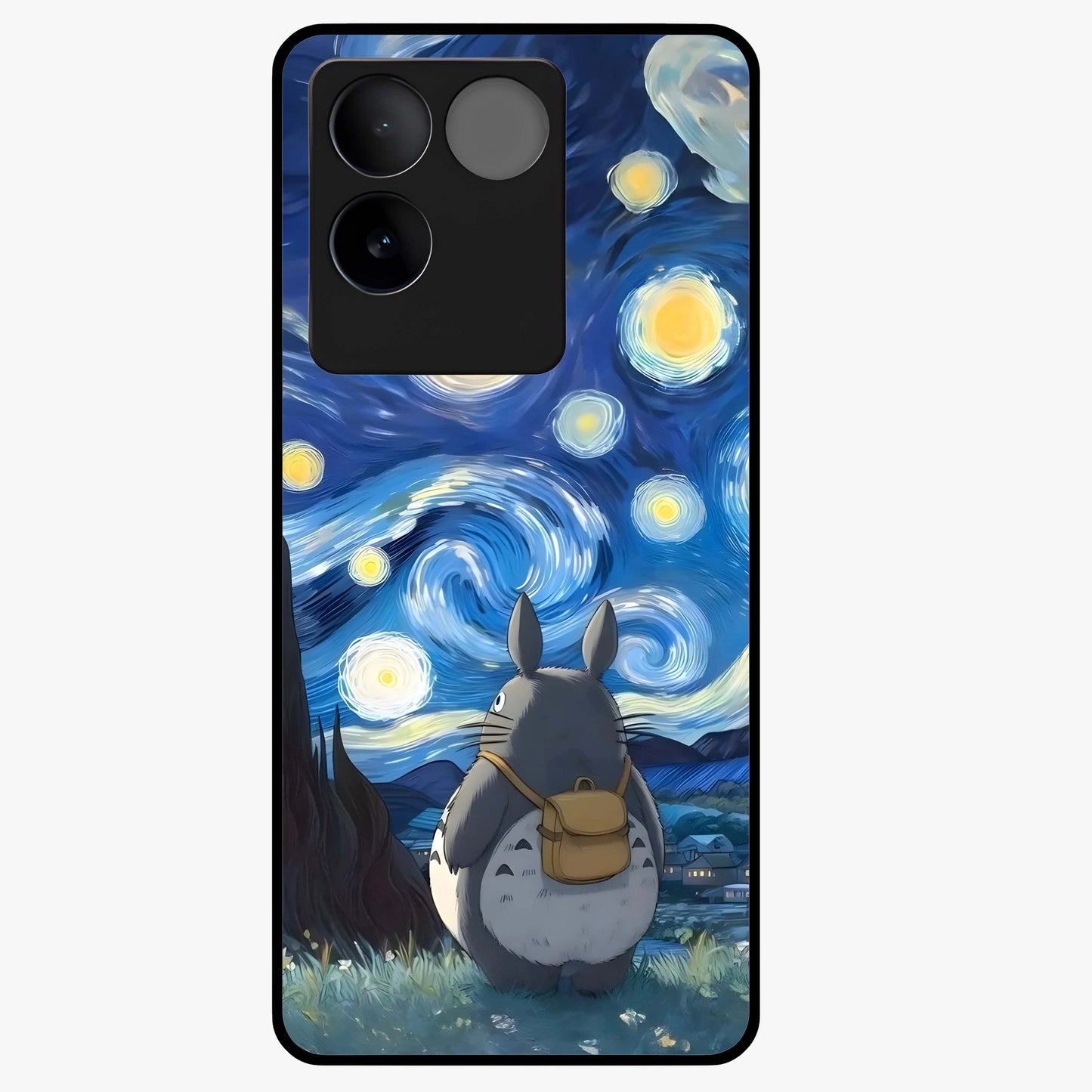Totoro In Van Gogh Art Glass Case showing flat back view with whimsical character artwork inspired by Van Gogh style and glossy glass finish.
