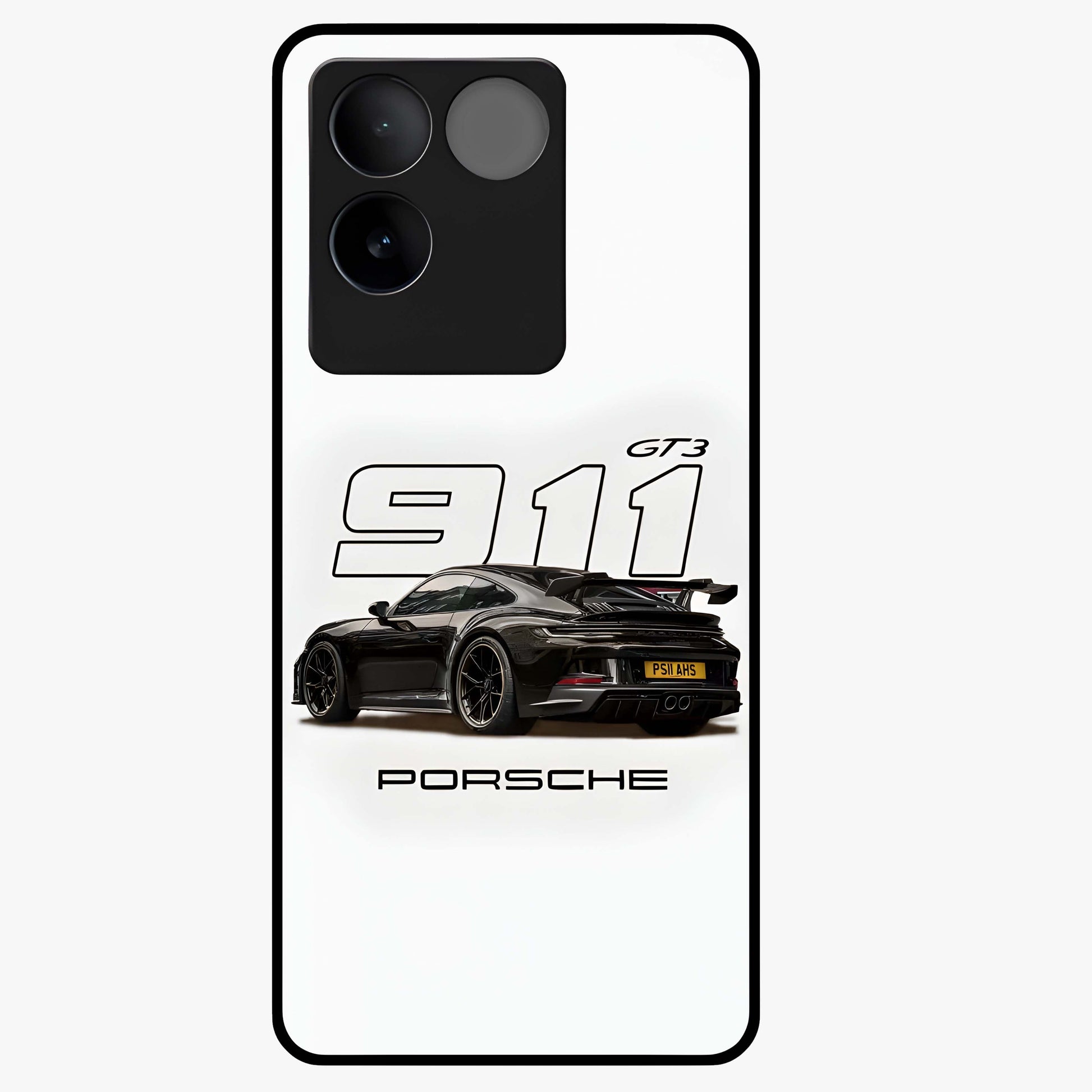 Turbo Legacy Icon Glass Case showing flat back view with iconic sports car inspired artwork and glossy glass finish.