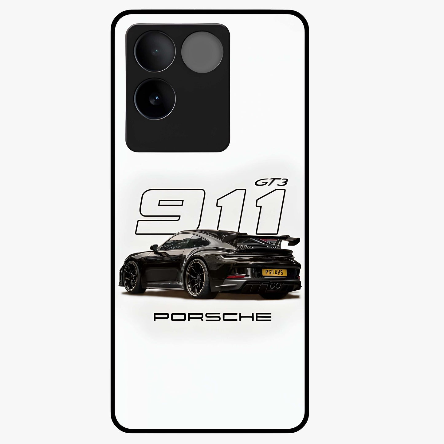 Turbo Legacy Icon Glass Case showing flat back view with iconic sports car inspired artwork and glossy glass finish.