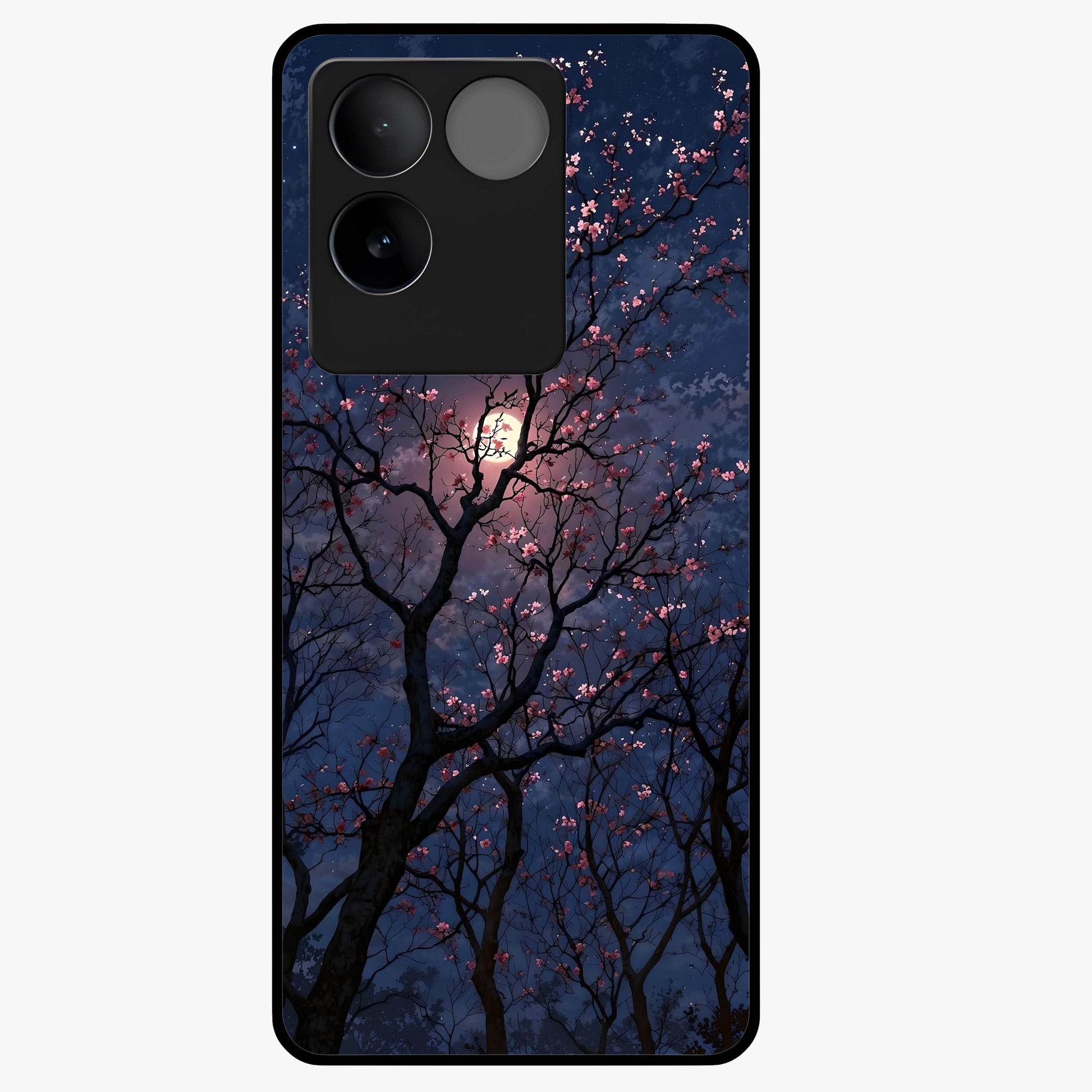 Twilight Sakura Serenade Glass Case showing flat back view with cherry blossom artwork at twilight and glossy glass finish.