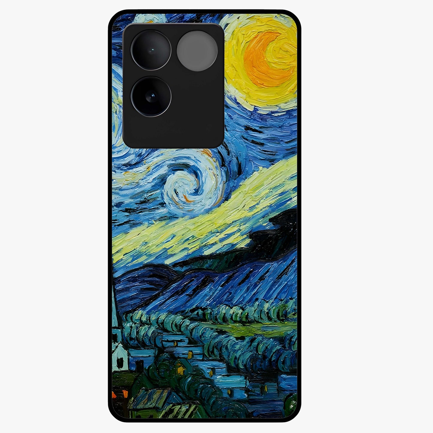 Van Gogh Art Glass Case showing flat back view with classic painterly artwork inspired by Van Gogh style and glossy glass finish.