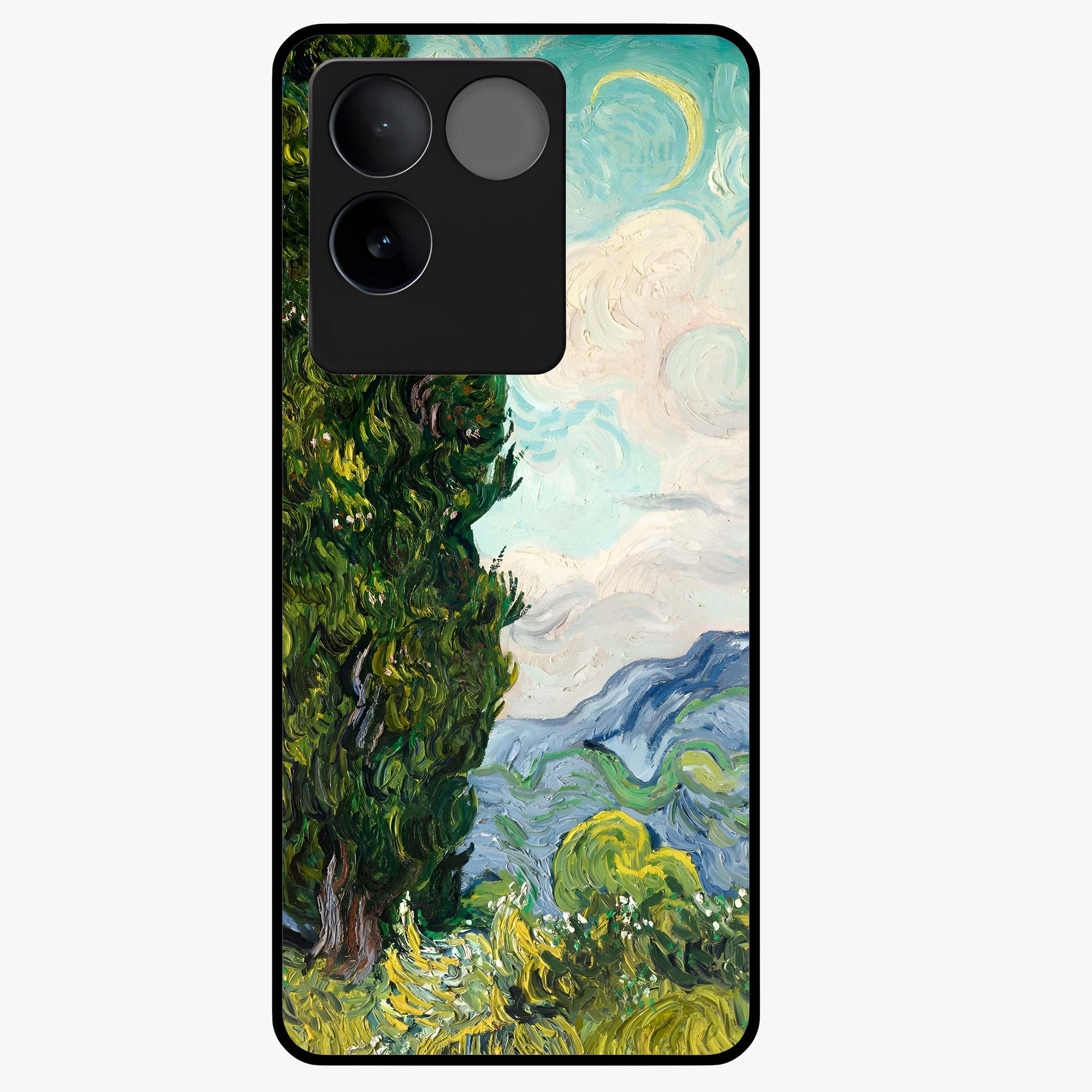 Van Gogh Vintage Art Glass Case showing flat back view with vintage painterly artwork inspired by Van Gogh style and glossy glass finish.