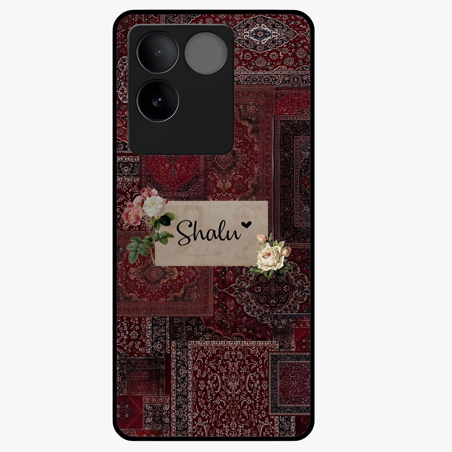 Velvet Wine Pattern Custom Name Glass Case showing flat back view with elegant wine colored pattern artwork and personalized name design.