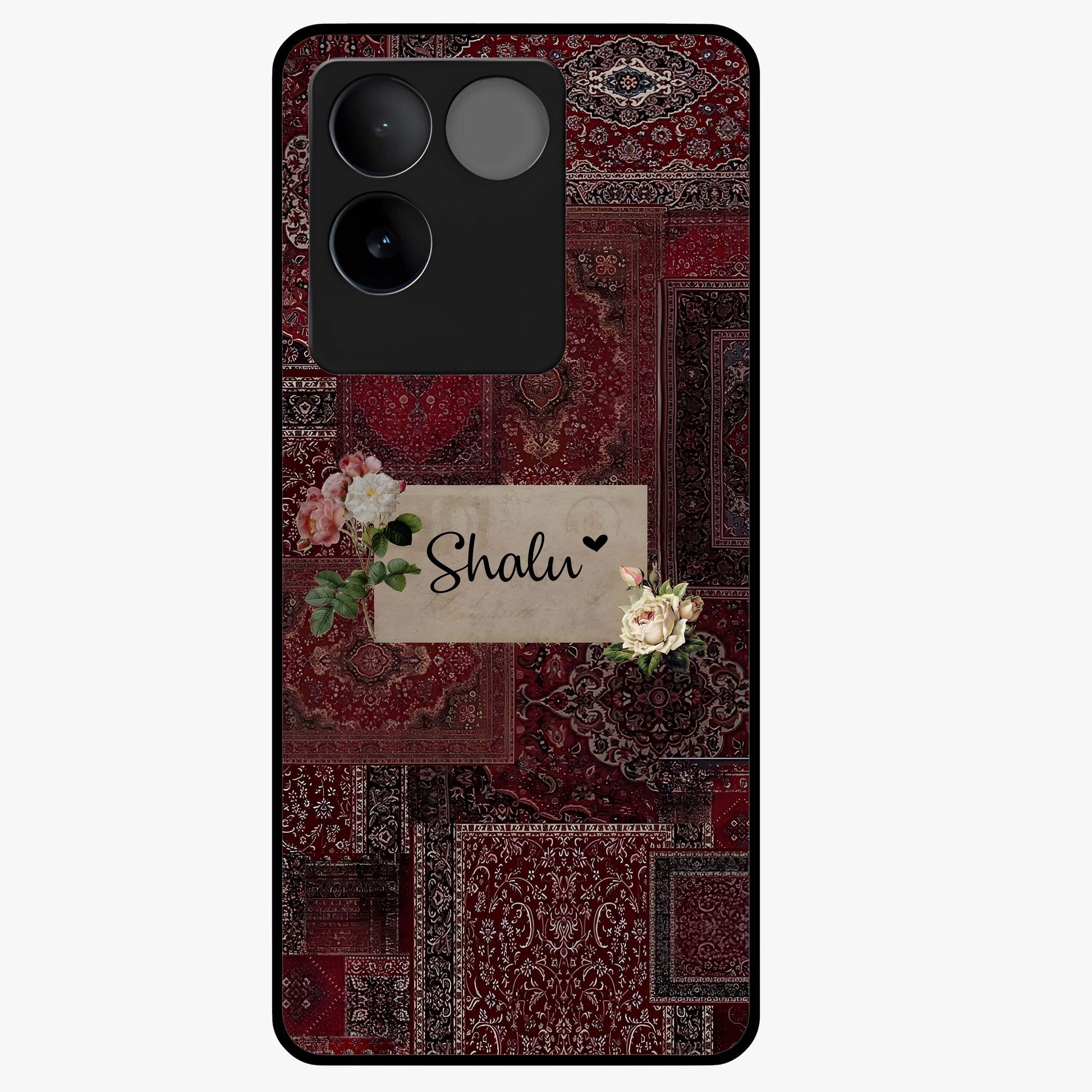Velvet Wine Pattern Custom Name Glass Case showing flat back view with elegant wine colored pattern artwork and personalized name design.