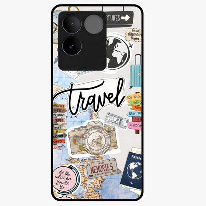 Wanderlust Journal Glass Case showing flat back view with travel inspired artwork and glossy glass finish.