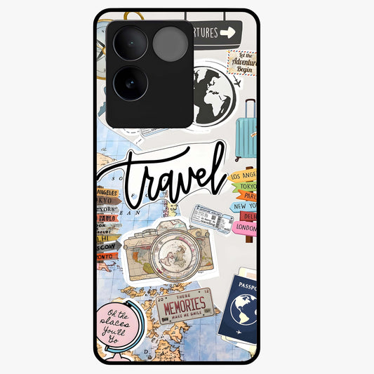 Wanderlust Journal Glass Case showing flat back view with travel inspired artwork and glossy glass finish.