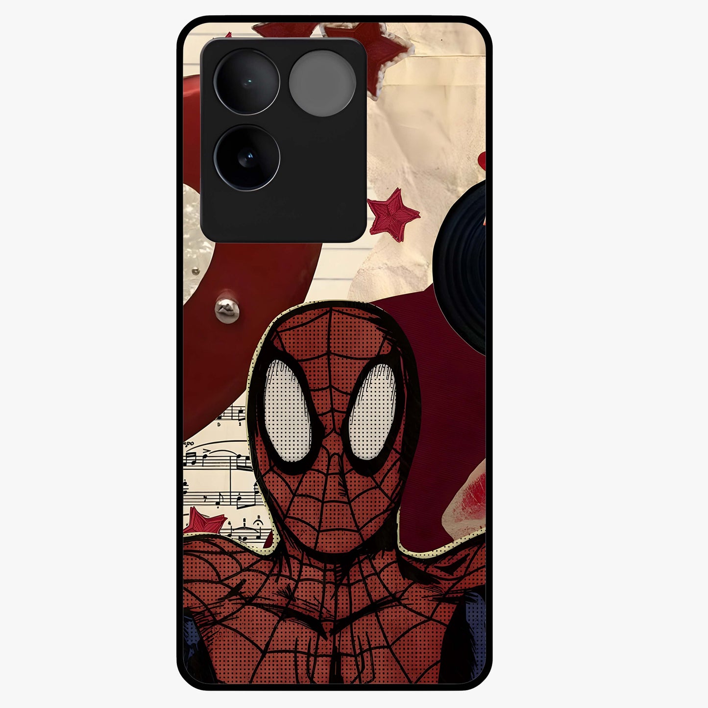Web Warrior Vibes Glass Case showing flat back view with superhero inspired web themed artwork and glossy glass finish.