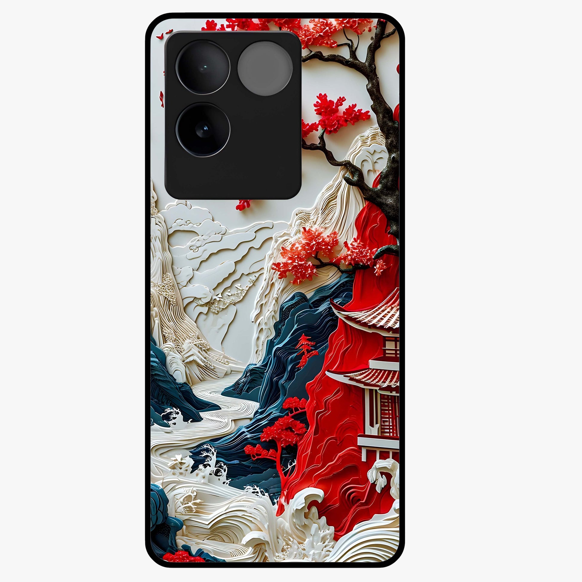 Whispers Of Sakura Waves Glass Case showing flat back view with cherry blossom wave artwork and glossy glass finish.