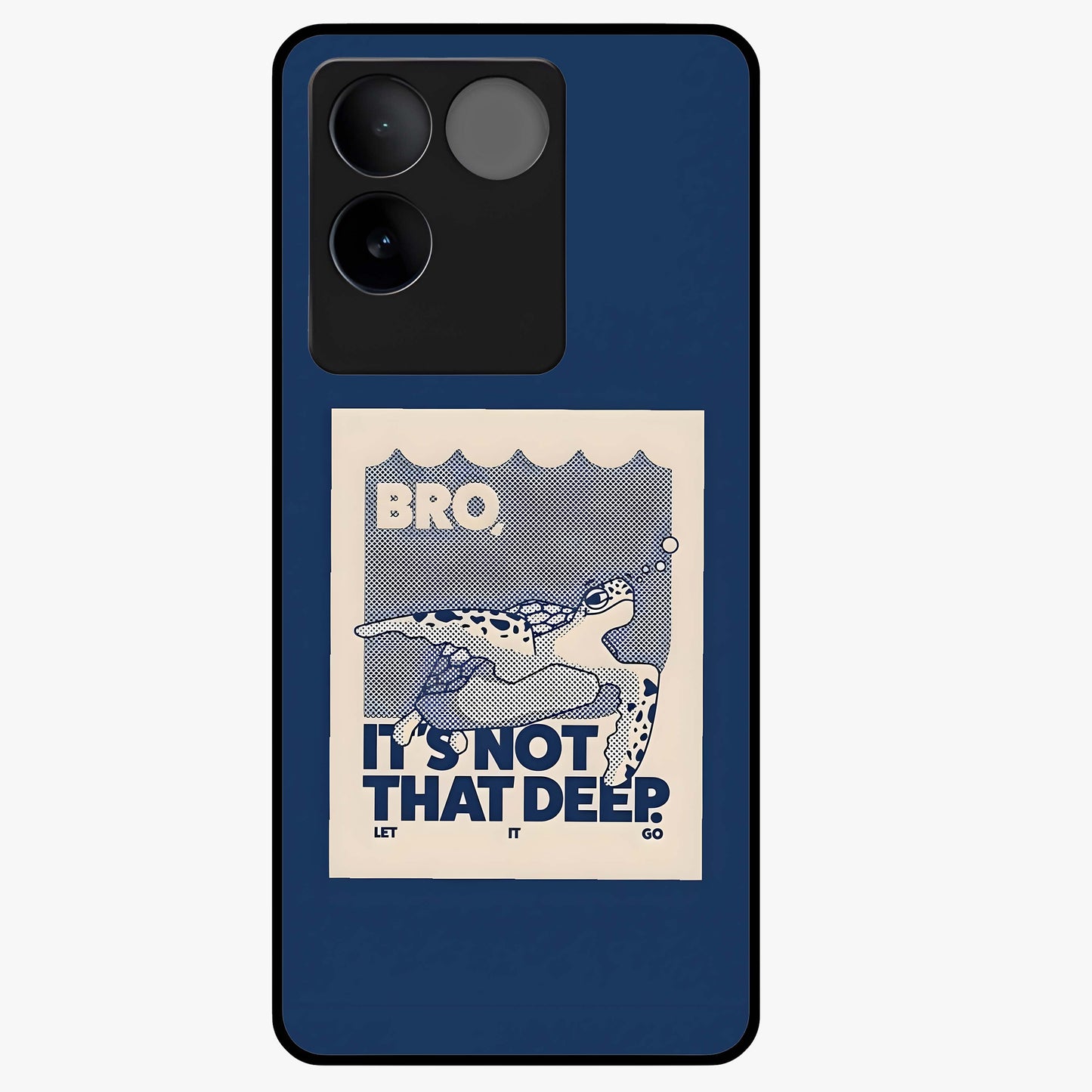 Worry Less Swim Glass Case showing flat back view with playful motivational artwork and glossy glass finish.