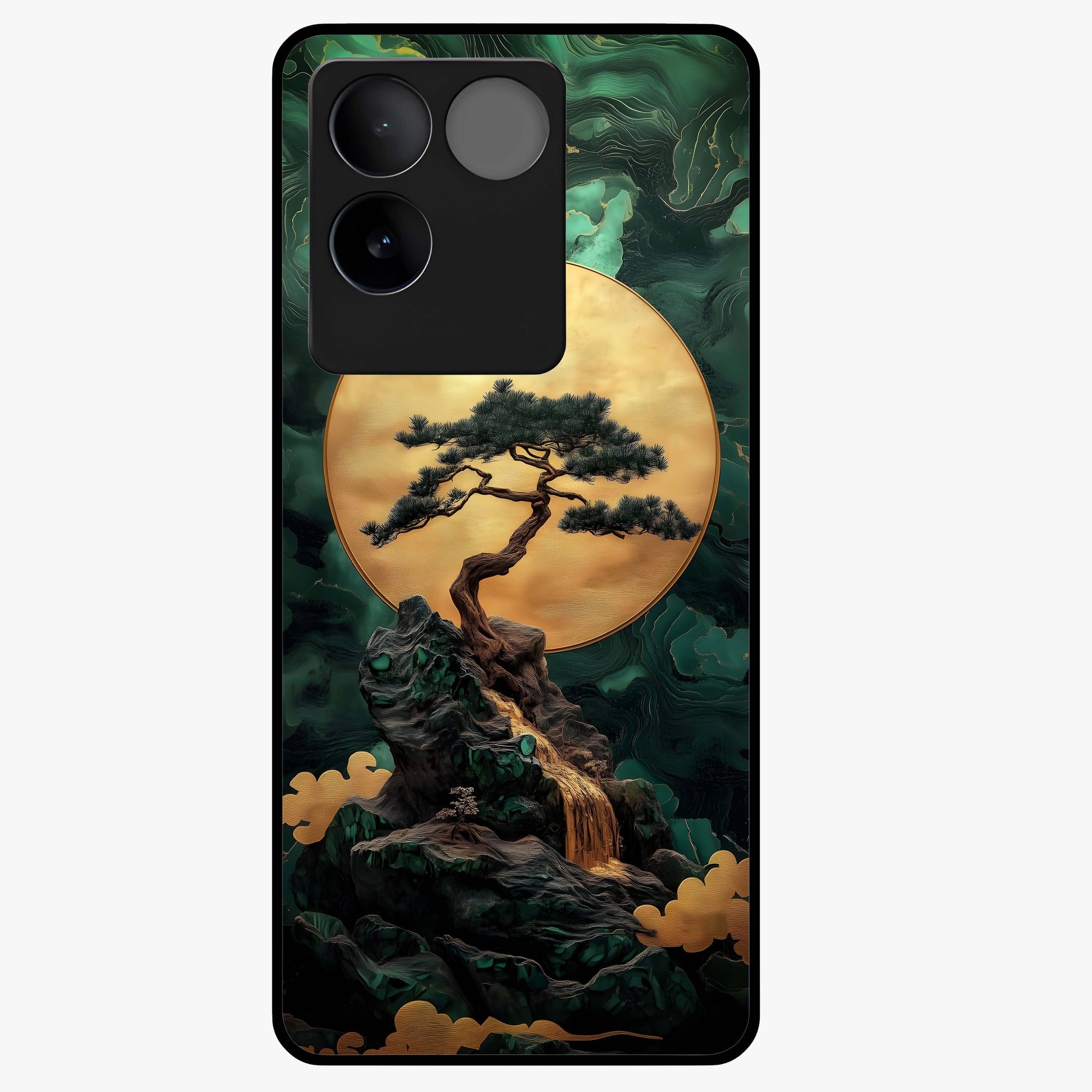 Zen Moon Rise Glass Case showing flat back view with calm moonrise artwork and glossy glass finish.