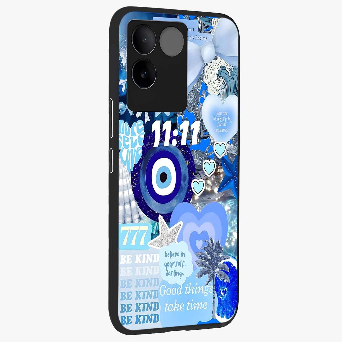 Aesthetic Be Kind Eye Glass Case upright view showcasing stylish eye illustration with positive message theme.