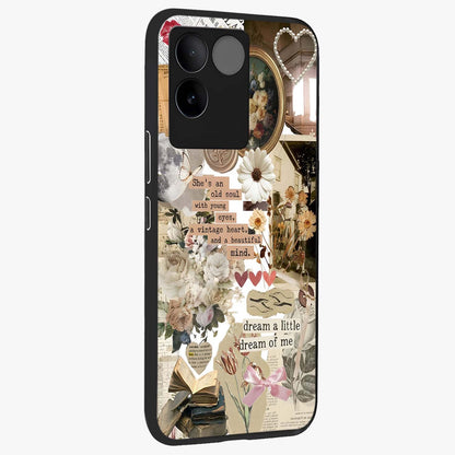 Aesthetic Brown Vintage Collage Glass Case upright view showcasing nostalgic retro artwork with stylish vintage theme.