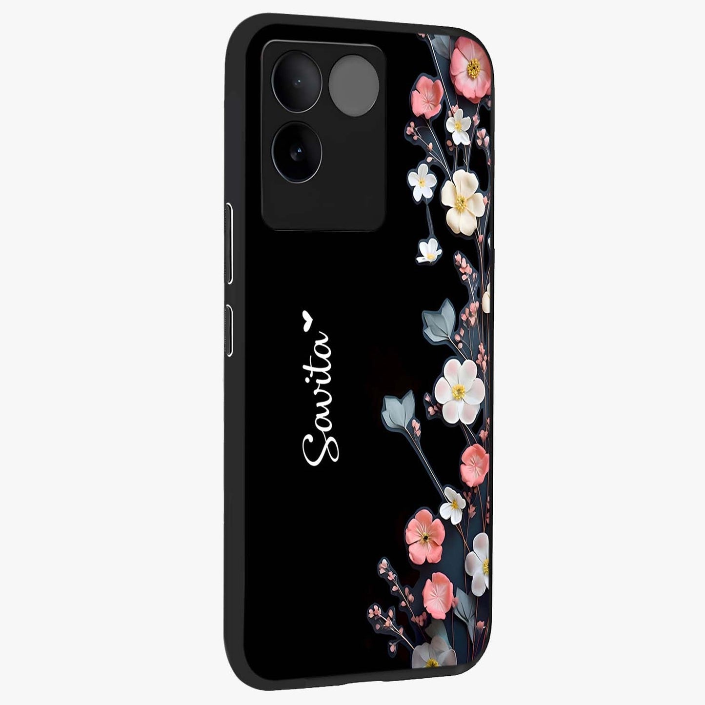 Black Elegance Floral Custom Name Glass Case upright view showcasing luxurious black floral design with personalized name detail.