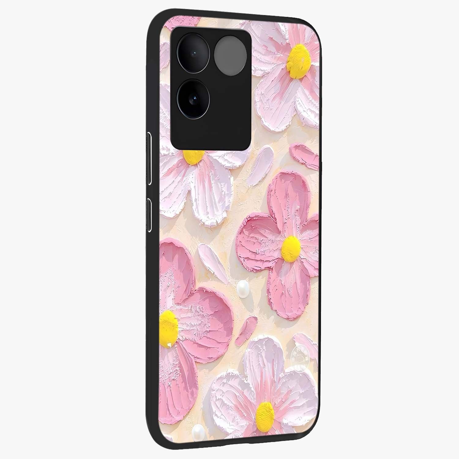 Blush Bloom Texture Glass Case upright view showcasing delicate blush floral texture with modern minimal style.