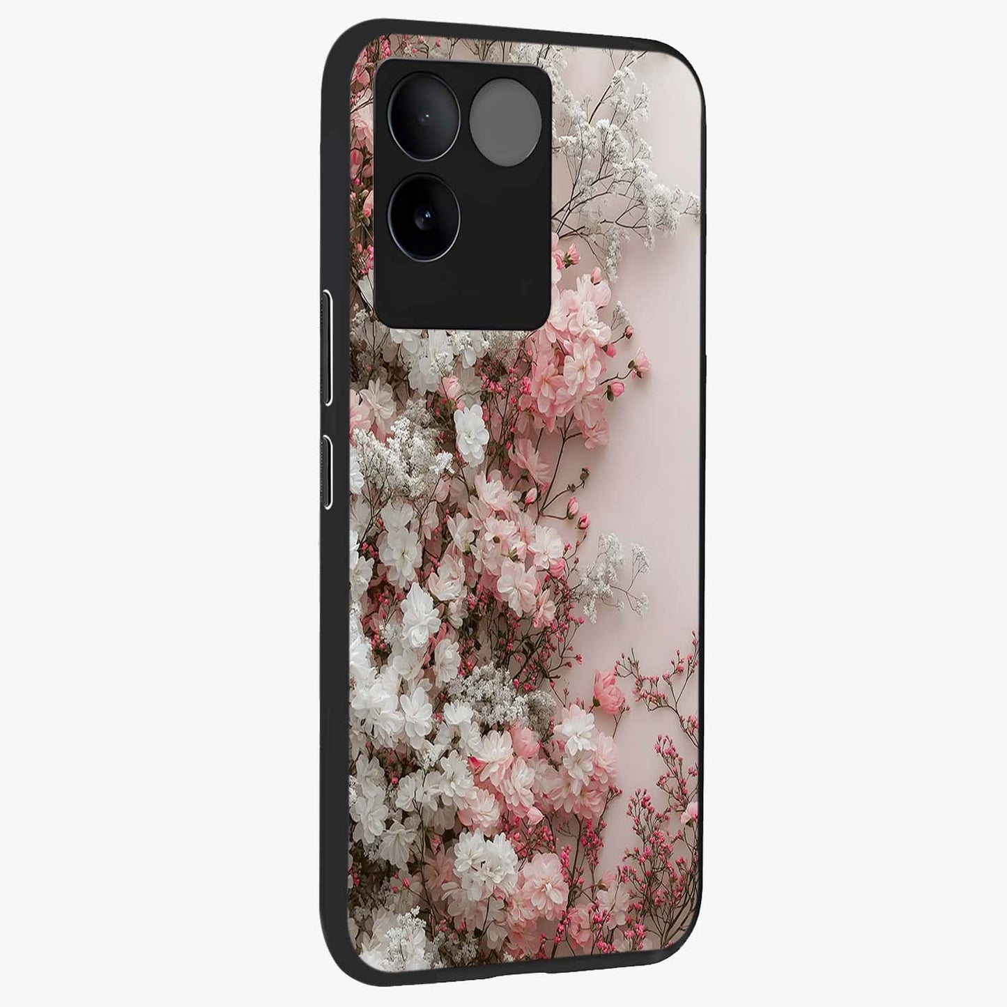 Blush Blossom Cloud Glass Case upright view showcasing calm floral cloud artwork with gentle dreamy theme.