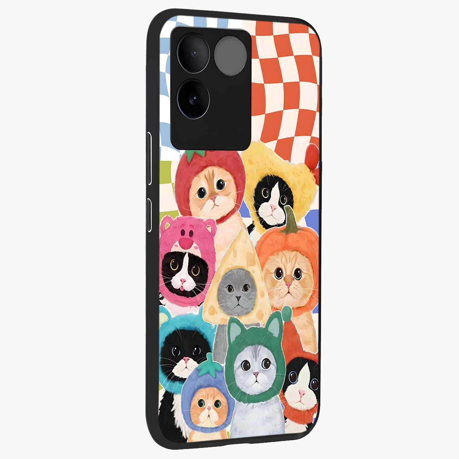 Cats in Fruits Glass Case upright view showcasing charming cat artwork with fun fruity theme.