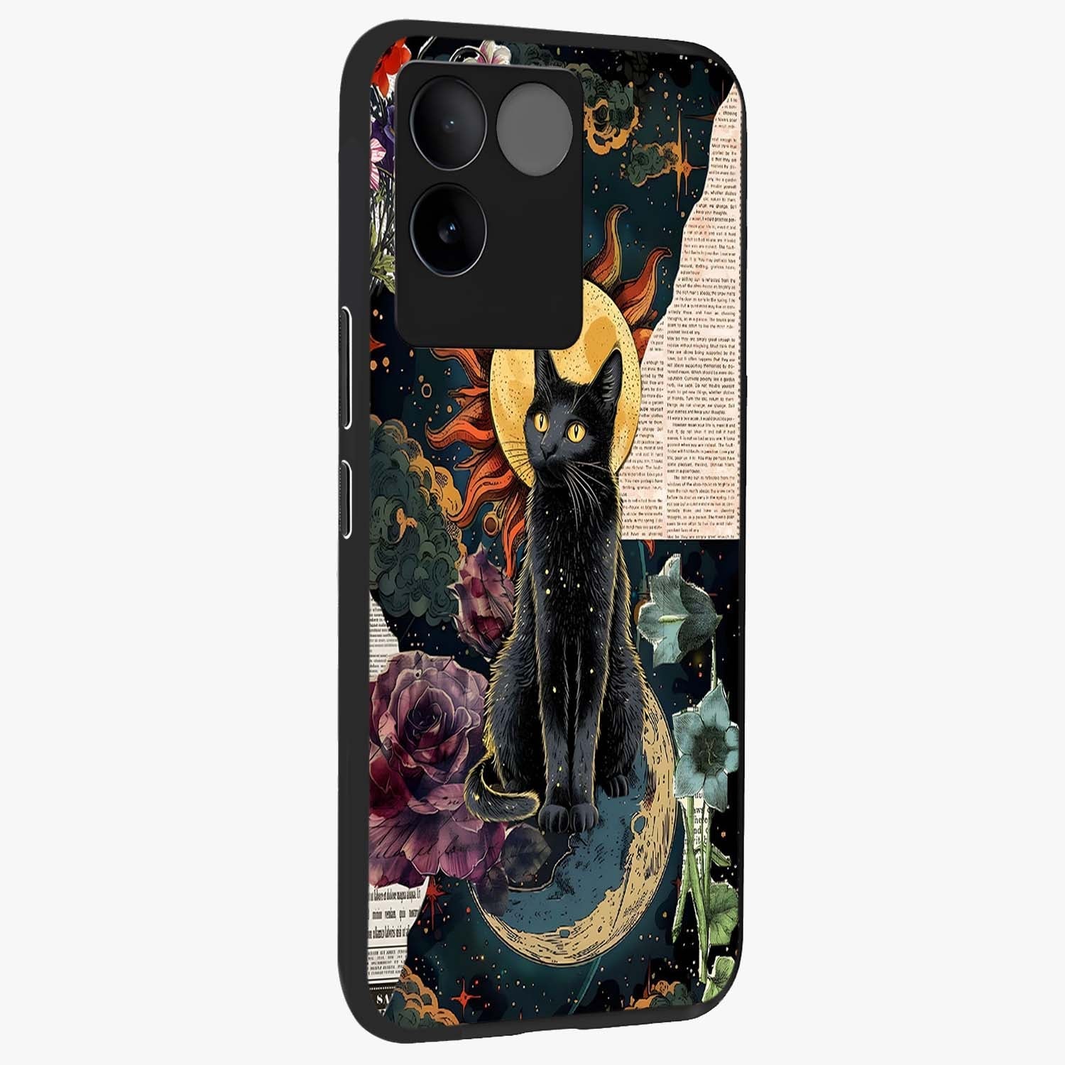 Celestial Black Cat Glass Case upright view showcasing magical black cat illustration with starry cosmic theme.