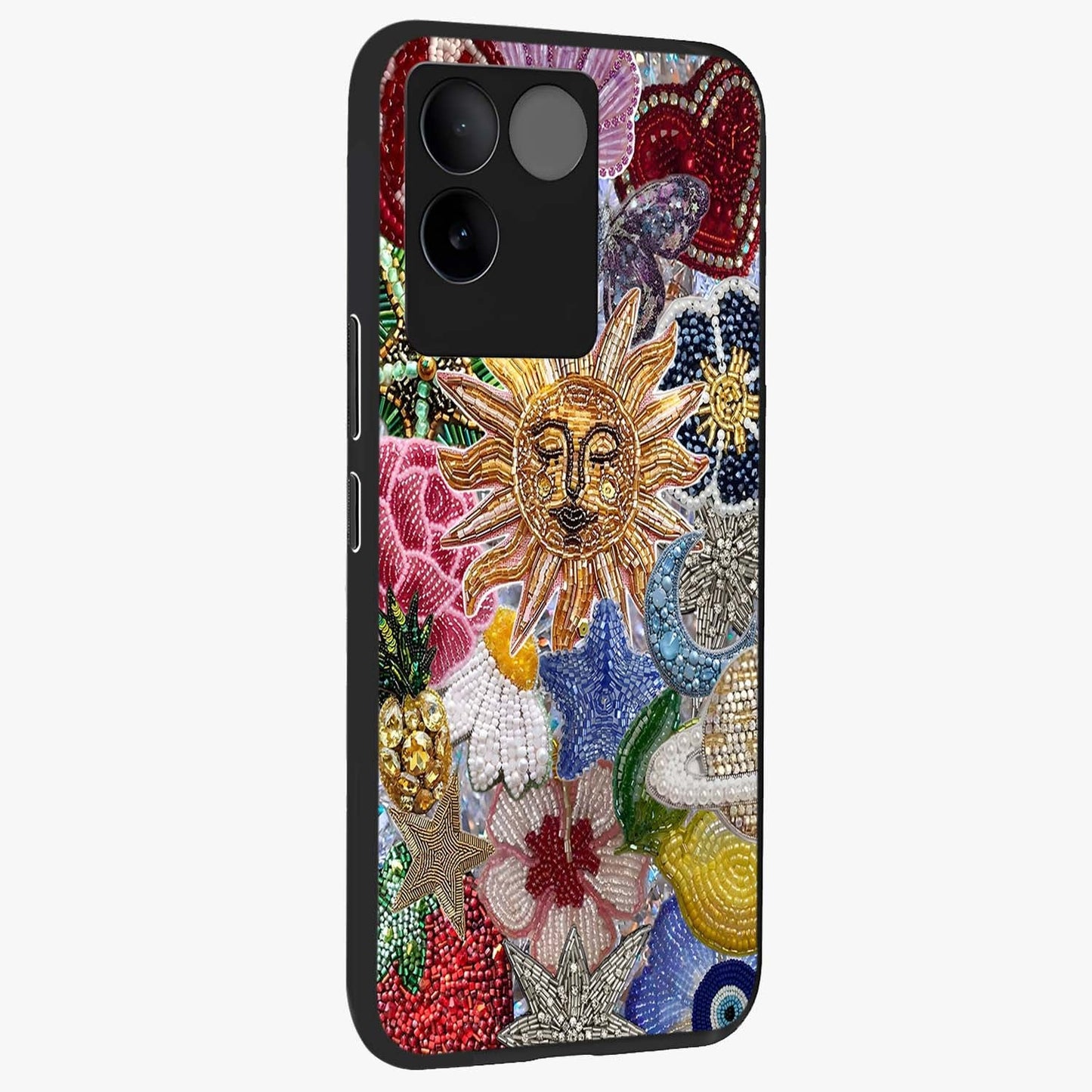 Celestial Floral and Playful Glass Case upright view showcasing whimsical floral artwork with cosmic aesthetic theme.
