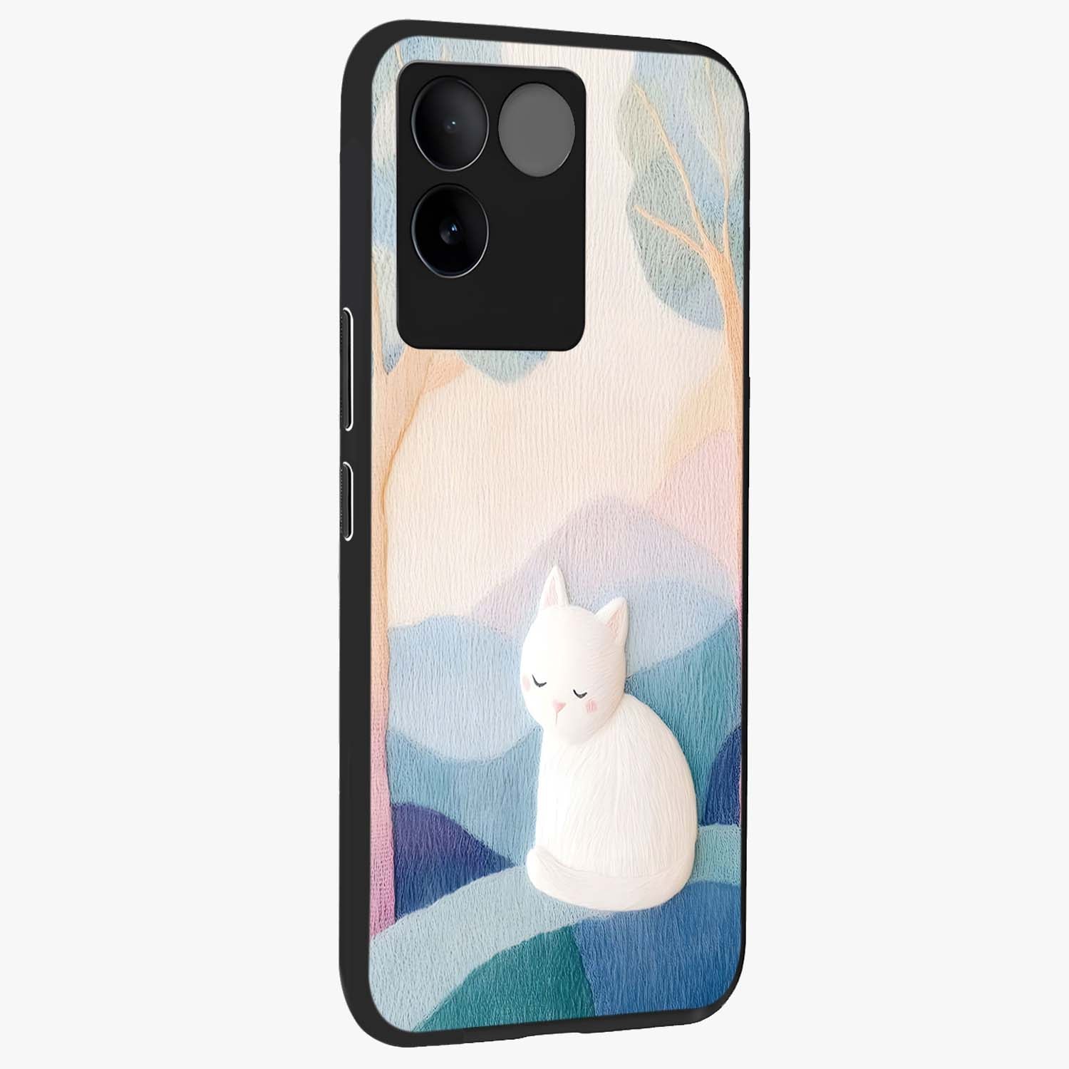 Cotton Dream Cat Glass Case upright view showcasing charming cat artwork with cozy dreamy theme.