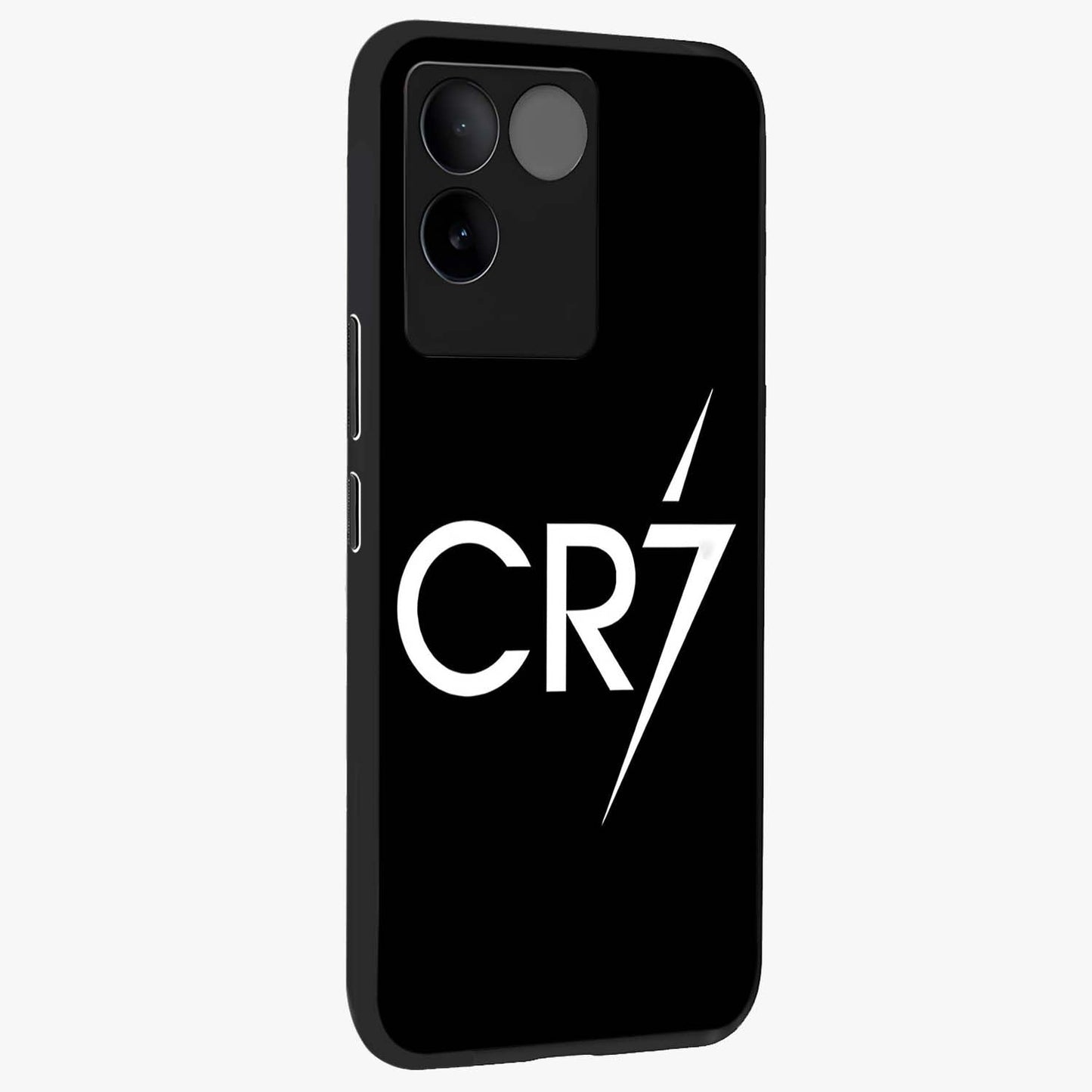 Cr7 Elite Strike Glass Case upright view showcasing energetic football inspired design with modern sports aesthetic.