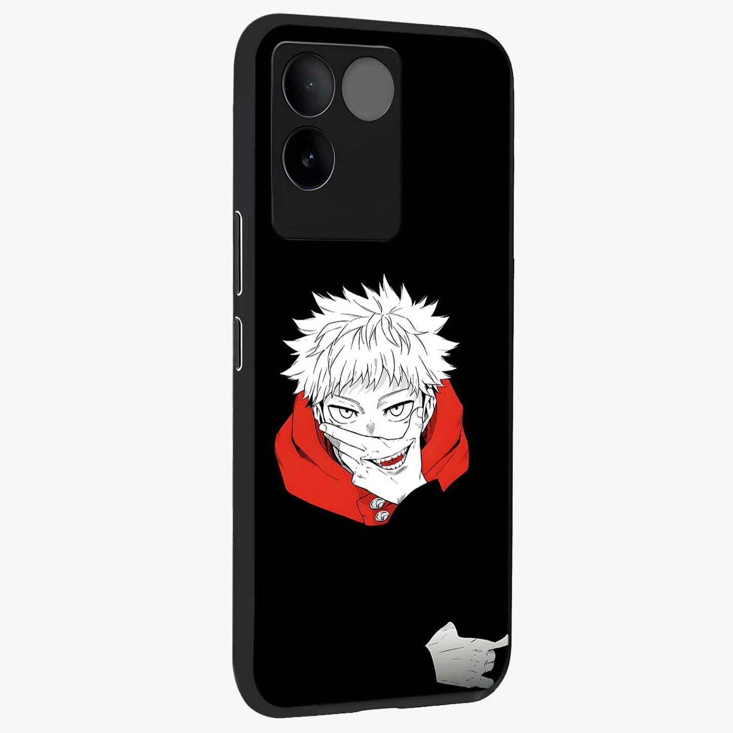 Crimson Chaos Smile Glass Case upright view showcasing expressive chaotic artwork with striking visual theme.