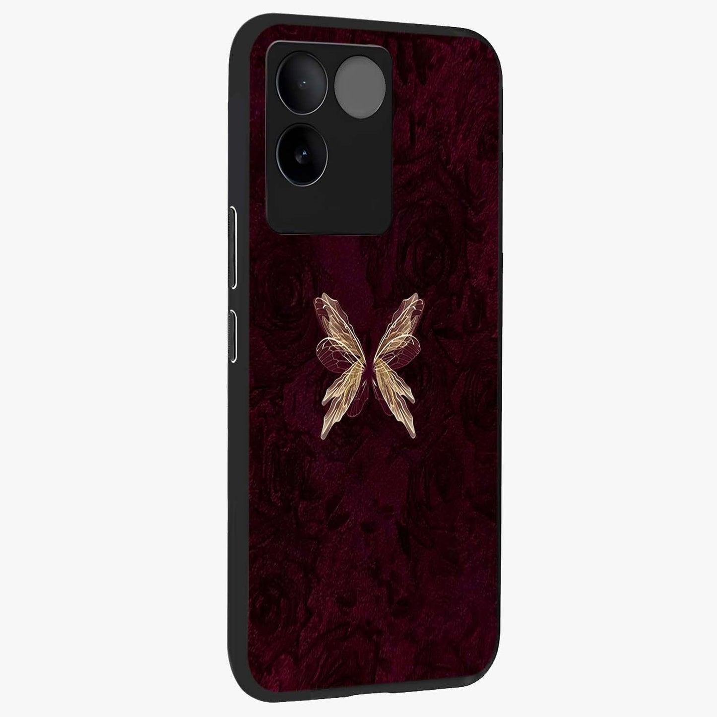 Crimson Fade Butterfly Glass Case upright view showcasing graceful butterfly artwork with soft crimson fade effect.