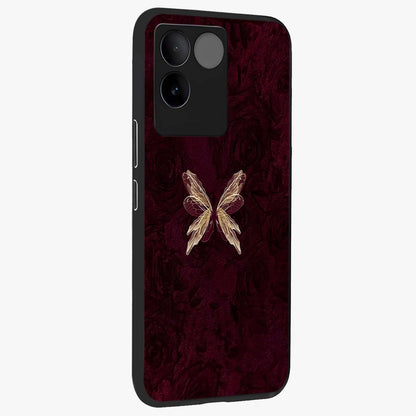 Crimson Fade Butterfly Glass Case upright view showcasing graceful butterfly artwork with soft crimson fade effect.