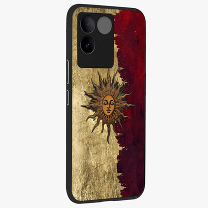 Crimson Sun Majesty Glass Case upright view showcasing vibrant sun artwork with powerful celestial theme.