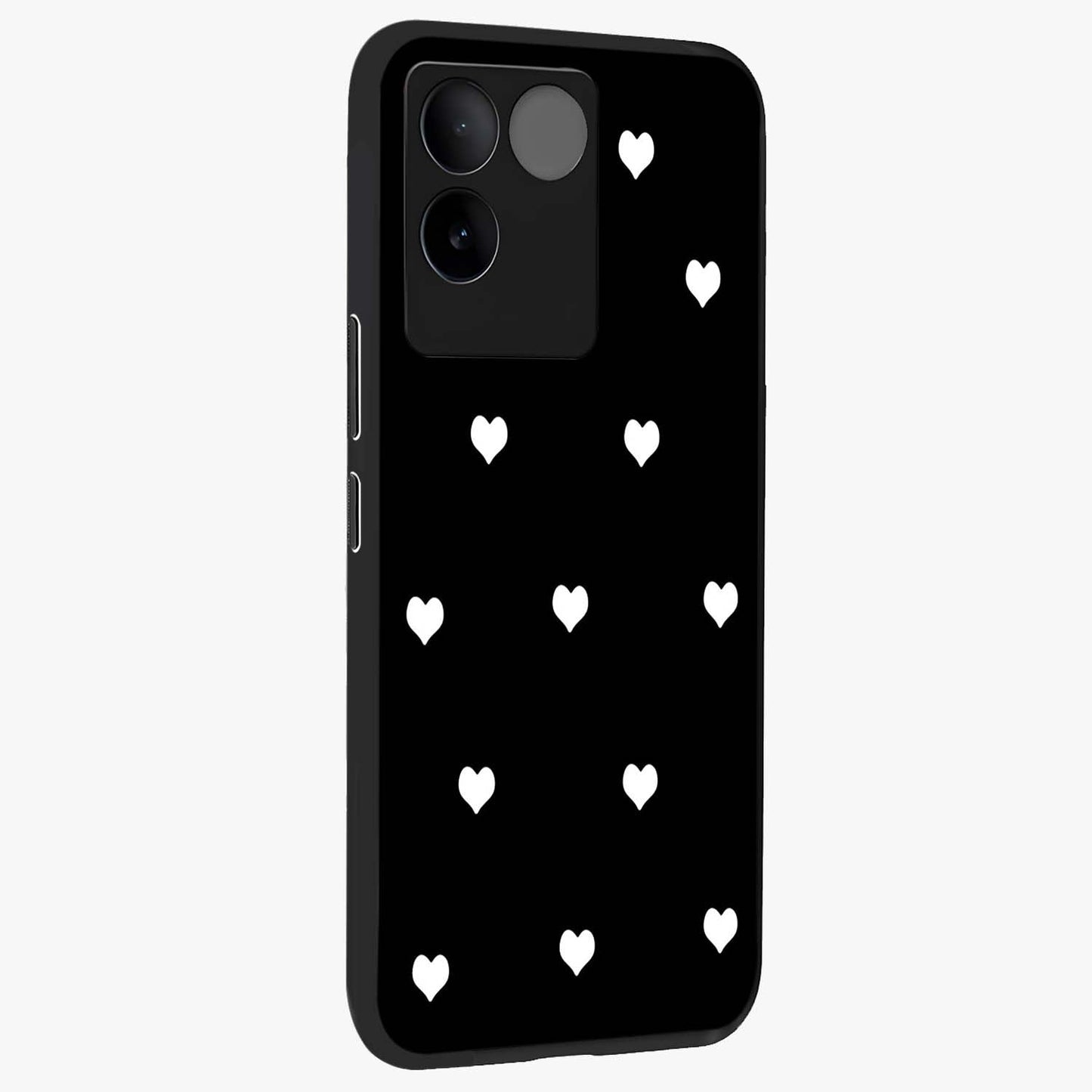 Cute And Simple White Hearts Glass Case upright view showcasing simple white hearts artwork with soft minimal theme.