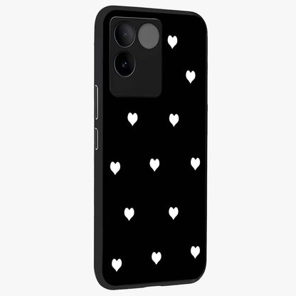 Cute And Simple White Hearts Glass Case upright view showcasing simple white hearts artwork with soft minimal theme.
