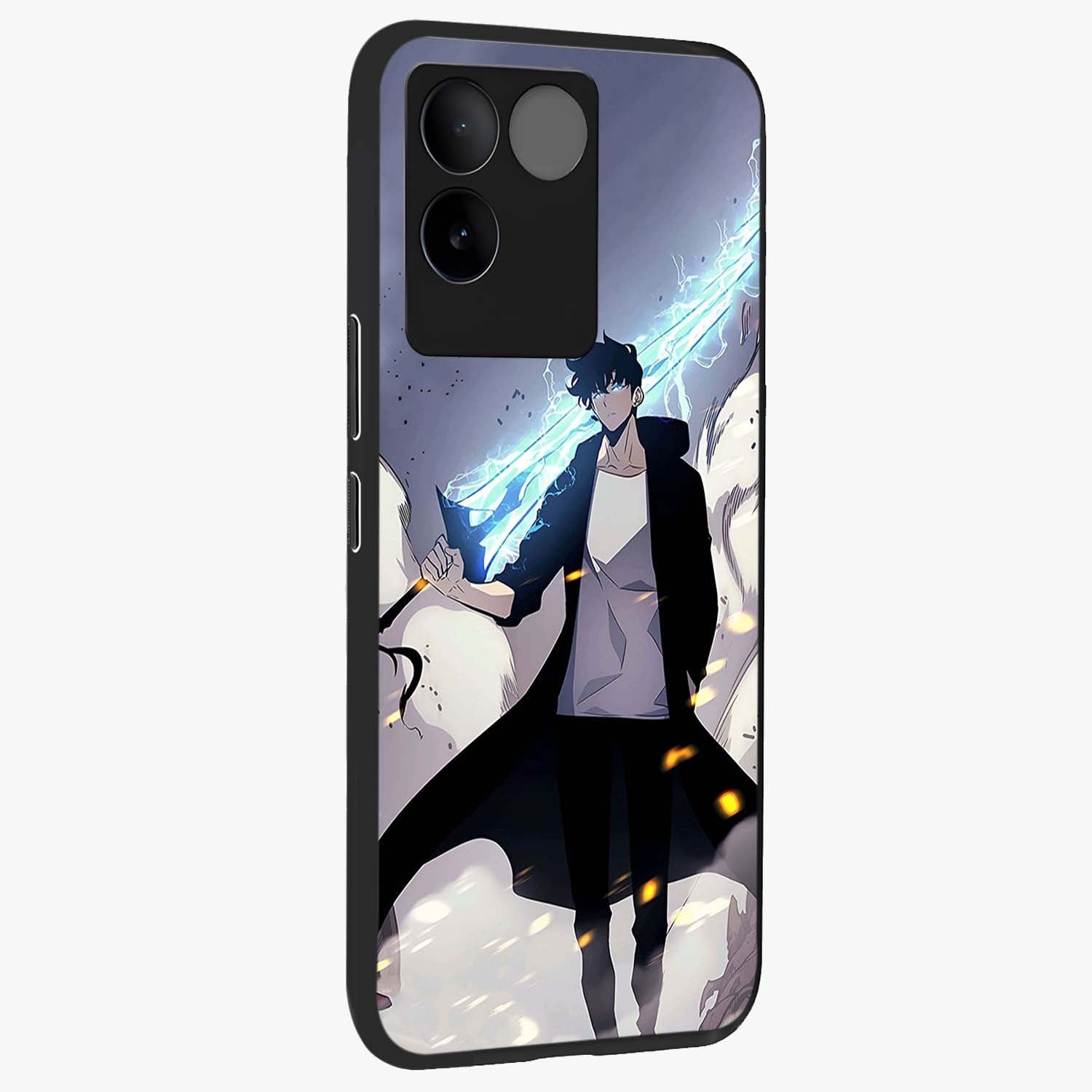 Dark Lightning Anime Warrior Glass Case upright view showcasing dramatic warrior artwork with dark lightning aesthetic.