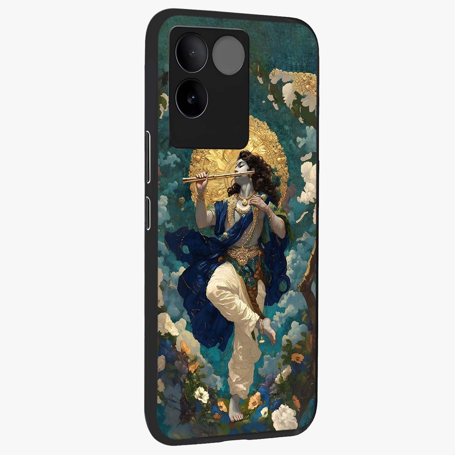 Divine Krishna Art Glass Case upright view showcasing divine Krishna artwork with sacred artistic theme.