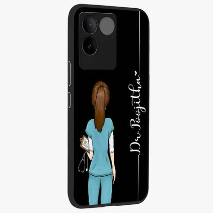 Doctor Pattern Custom Name Glass Case upright view showcasing healthcare themed design with personalized aesthetic.