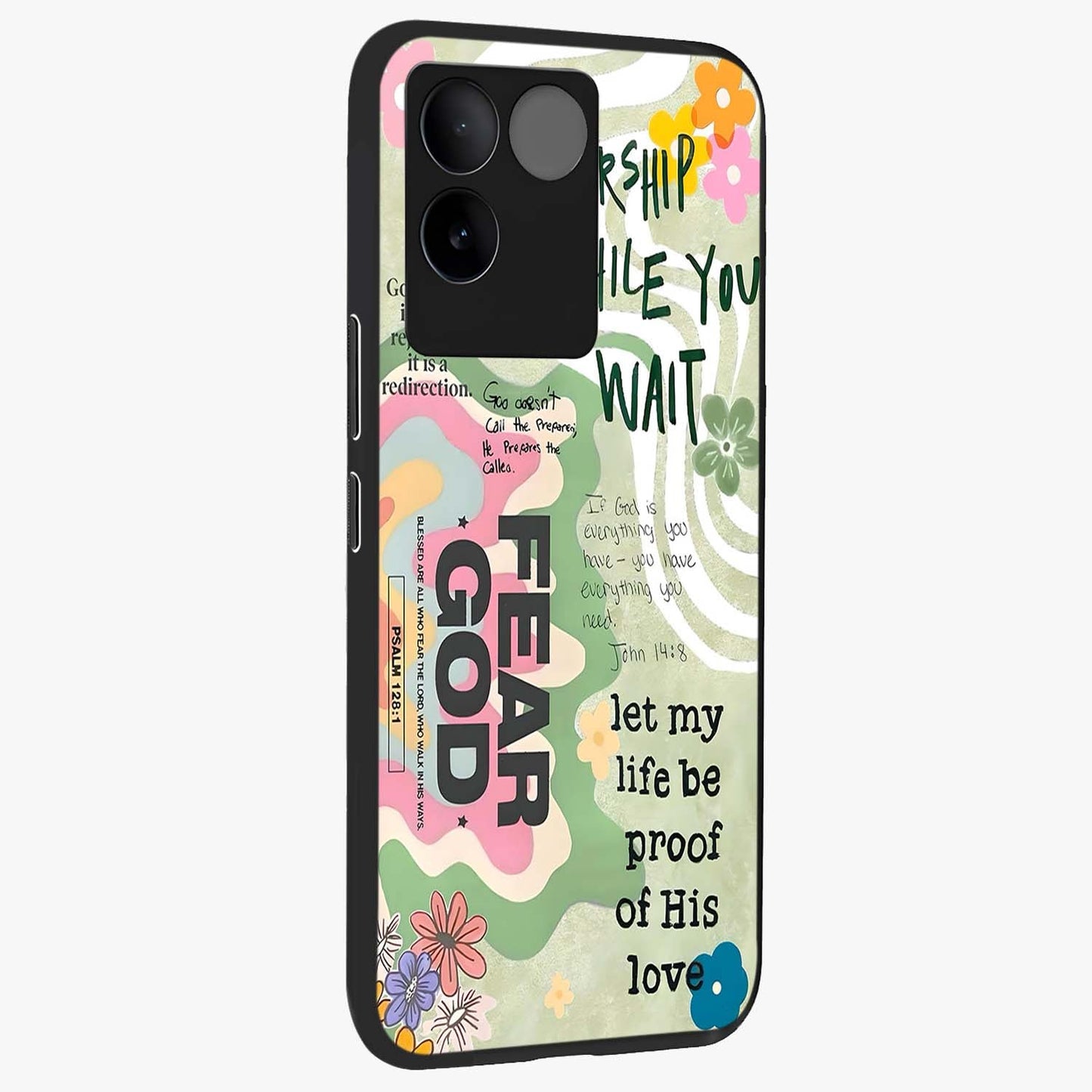 Faith Over Fear Glass Case upright view showcasing bold typography artwork with uplifting motivational theme.