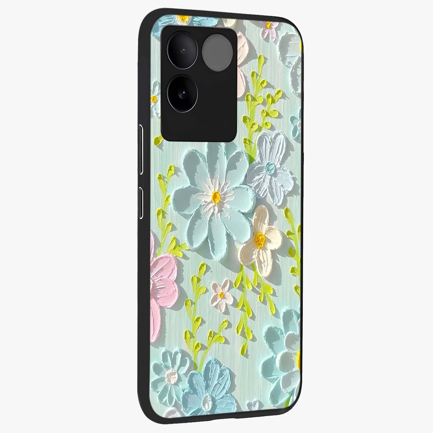 Frosted Petal Garden Glass Case upright view showcasing elegant floral garden artwork with soothing pastel theme.