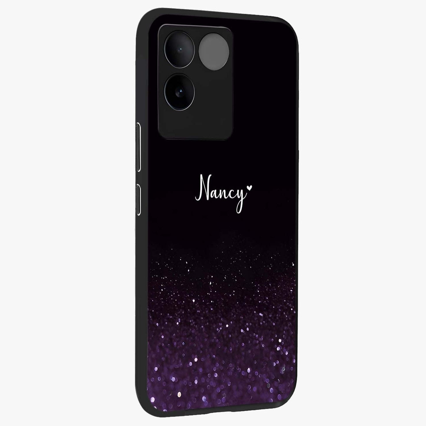 Glittery Purple Bokeh Custom Name Glass Case upright view showcasing vibrant purple sparkle artwork with personalized aesthetic style.