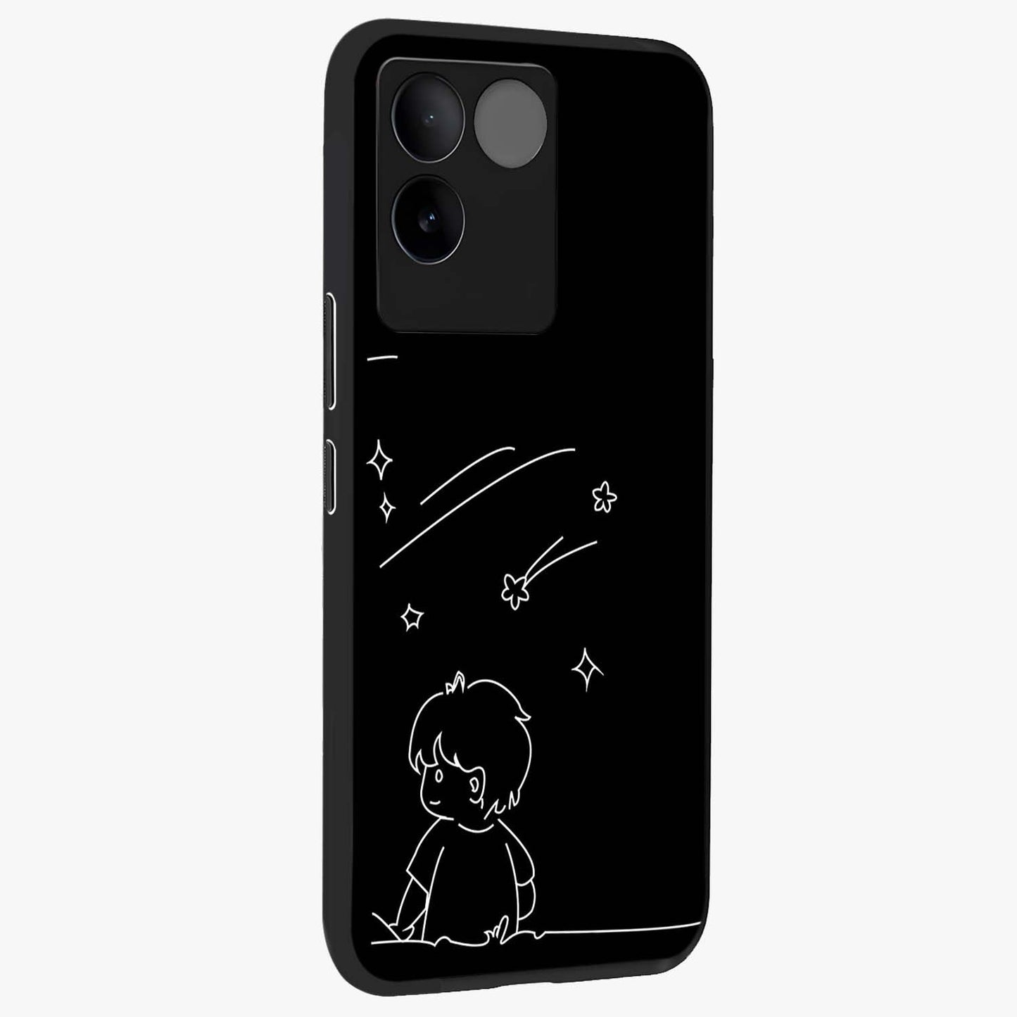 Line Art Boy With Shooting Stars Glass Case upright view showcasing artistic shooting star illustration with minimal style.