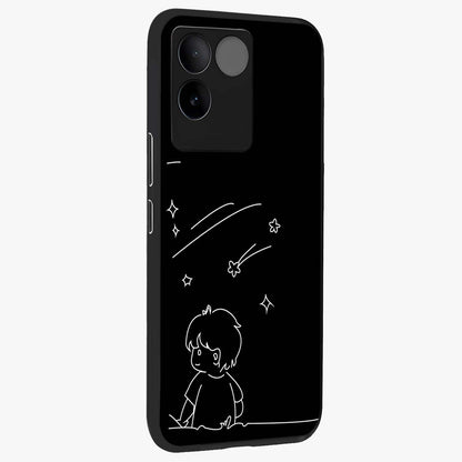 Line Art Boy With Shooting Stars Glass Case upright view showcasing artistic shooting star illustration with minimal style.