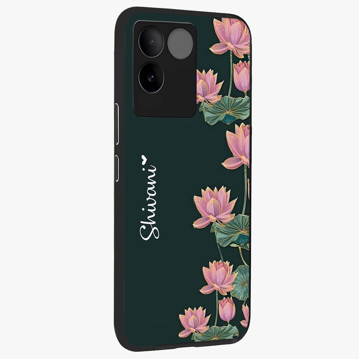 Lotus Bloom Serenity Custom Name Glass Case upright view showcasing serene lotus bloom artwork with personalized floral aesthetic.