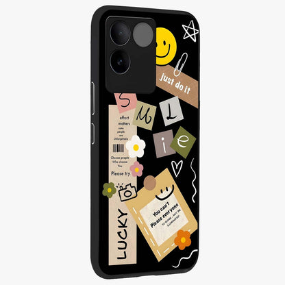 Lucky Aesthetic Collage Glass Case upright view showcasing vibrant collage artwork with youthful aesthetic theme.