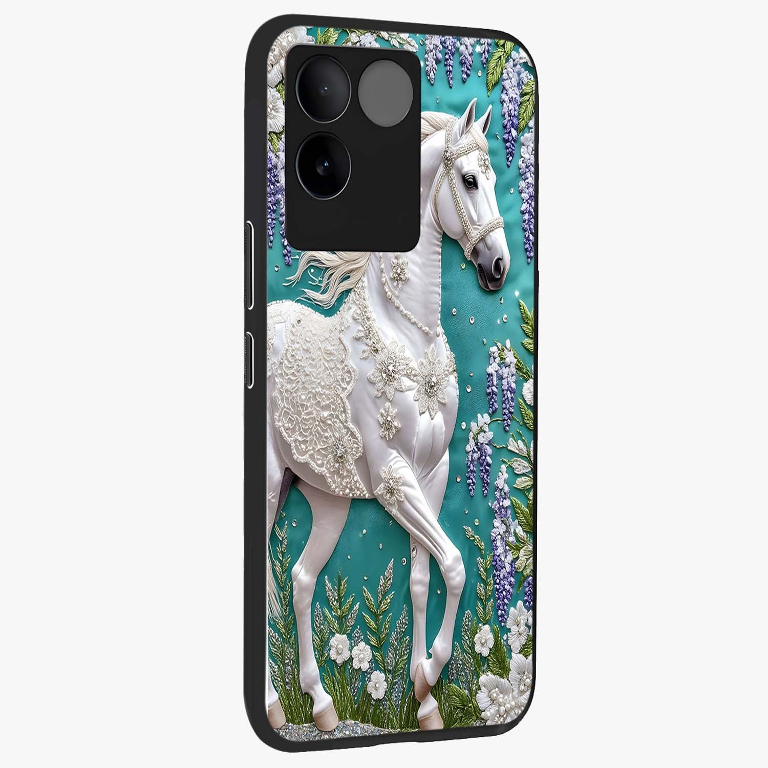 Majestic Floral Stallion Glass Case upright view showcasing dramatic horse artwork with decorative floral theme.
