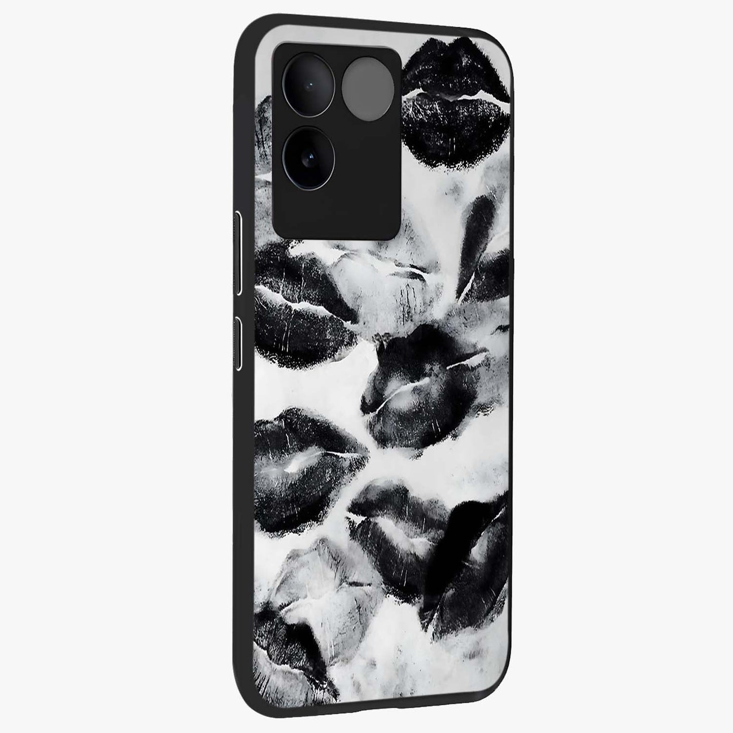 Midnight Kiss Marks Glass Case upright view showcasing stylish kiss mark artwork with trendy romantic theme.